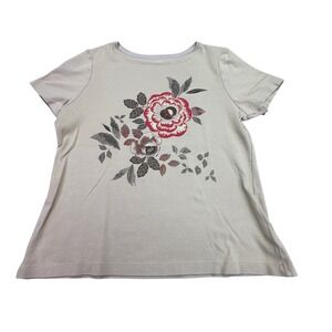 White Stag Shirt Women's Medium Floral Beige T-Shirt Short Sleeve Graphic Casual